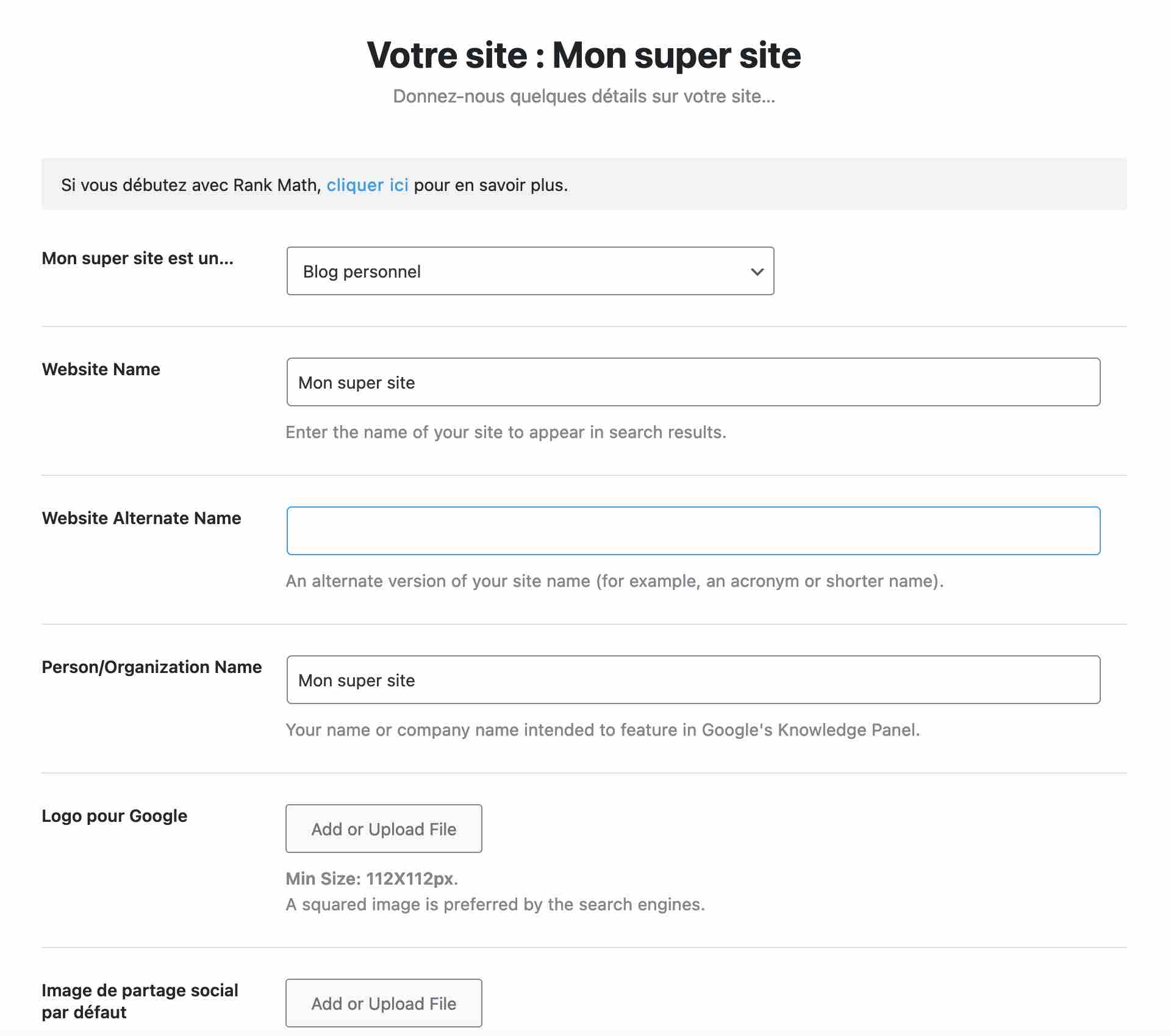 Rank Math demande des détails sur votre site avec son assistant.