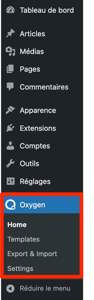 Les menus proposés par Oxygen Builder sur l'interface d'administration de WordPress.