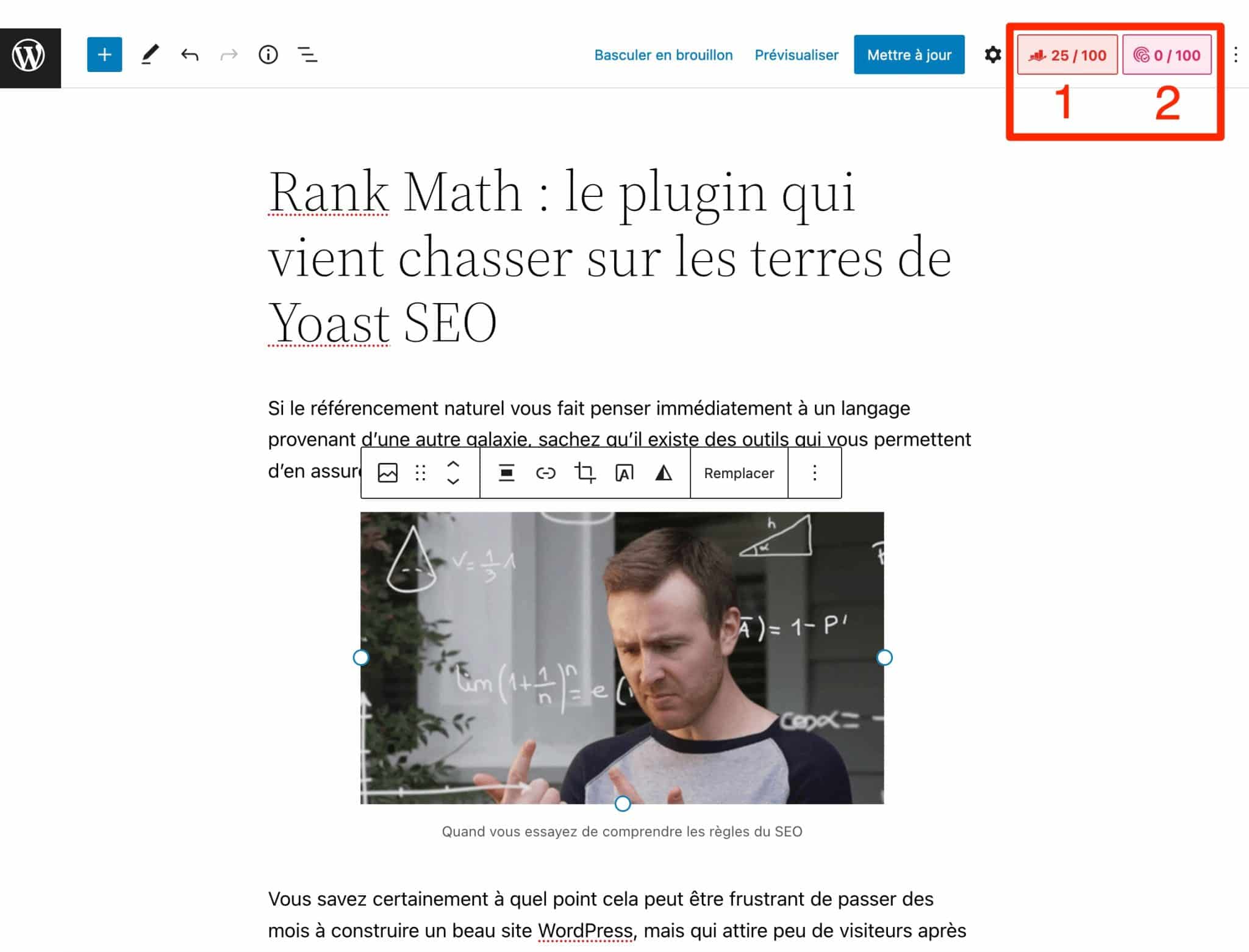 Rank Math permet d'optimiser votre contenu et d'utiliser l'intelligence artificielle.