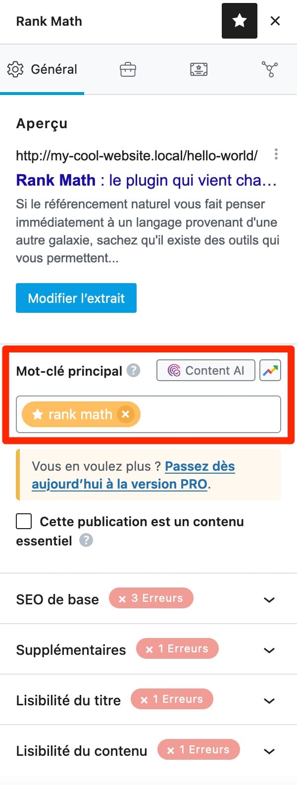 Rank Math SEO peut vous faire des suggestions basées sur votre mot-clé principal.
