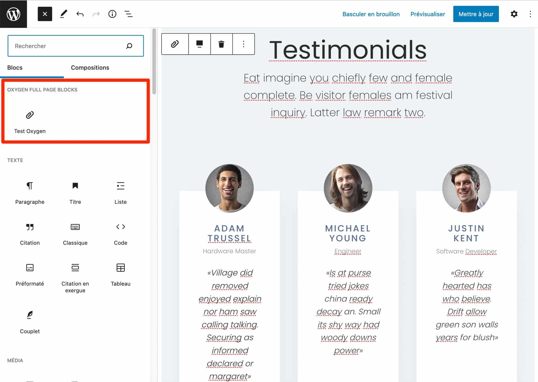Les blocs créés avec Oxygen se retrouvent sur votre interface Gutenberg.