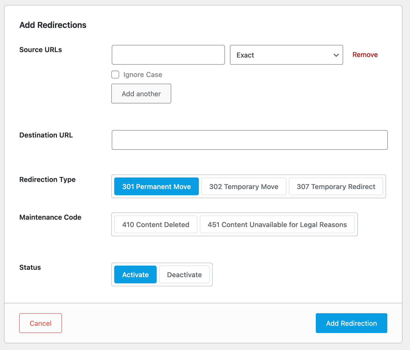 Rank Math offers a tool to allow you to manage redirections.
