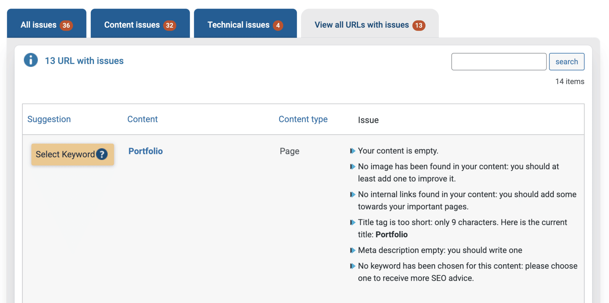 SEOKEY has a tab to show you all the URLs that have problems.