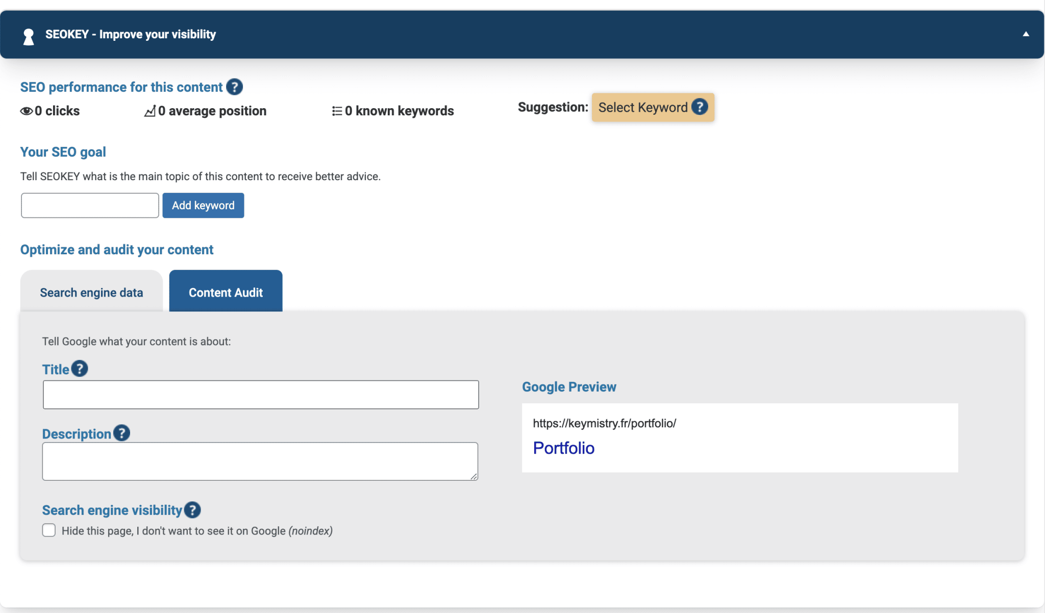 The SEOKEY insert that allows you to edit the on-page SEO of your content.