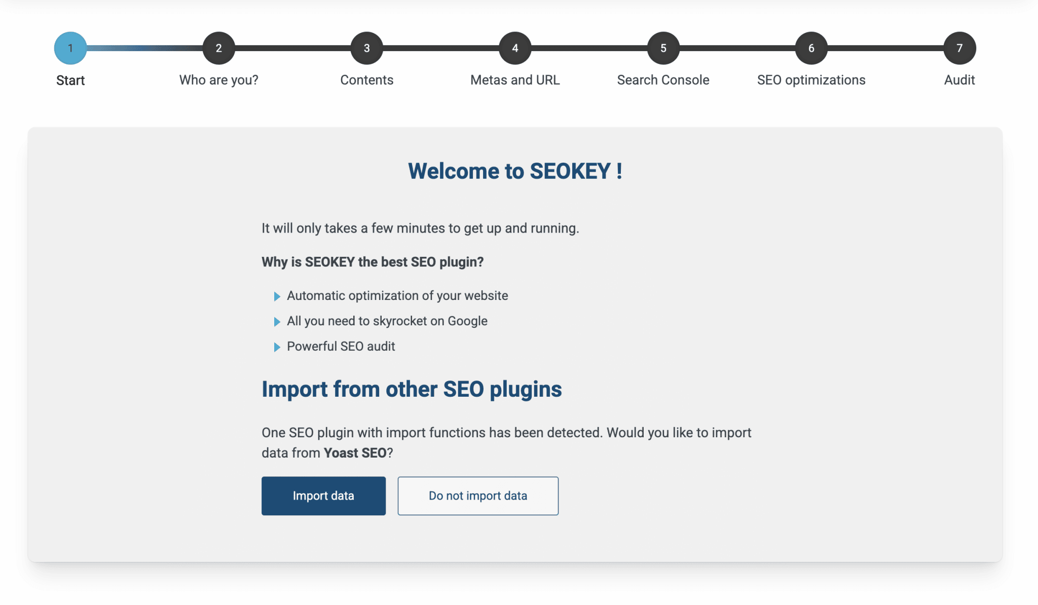 The stages of the SEOKEY wizard.