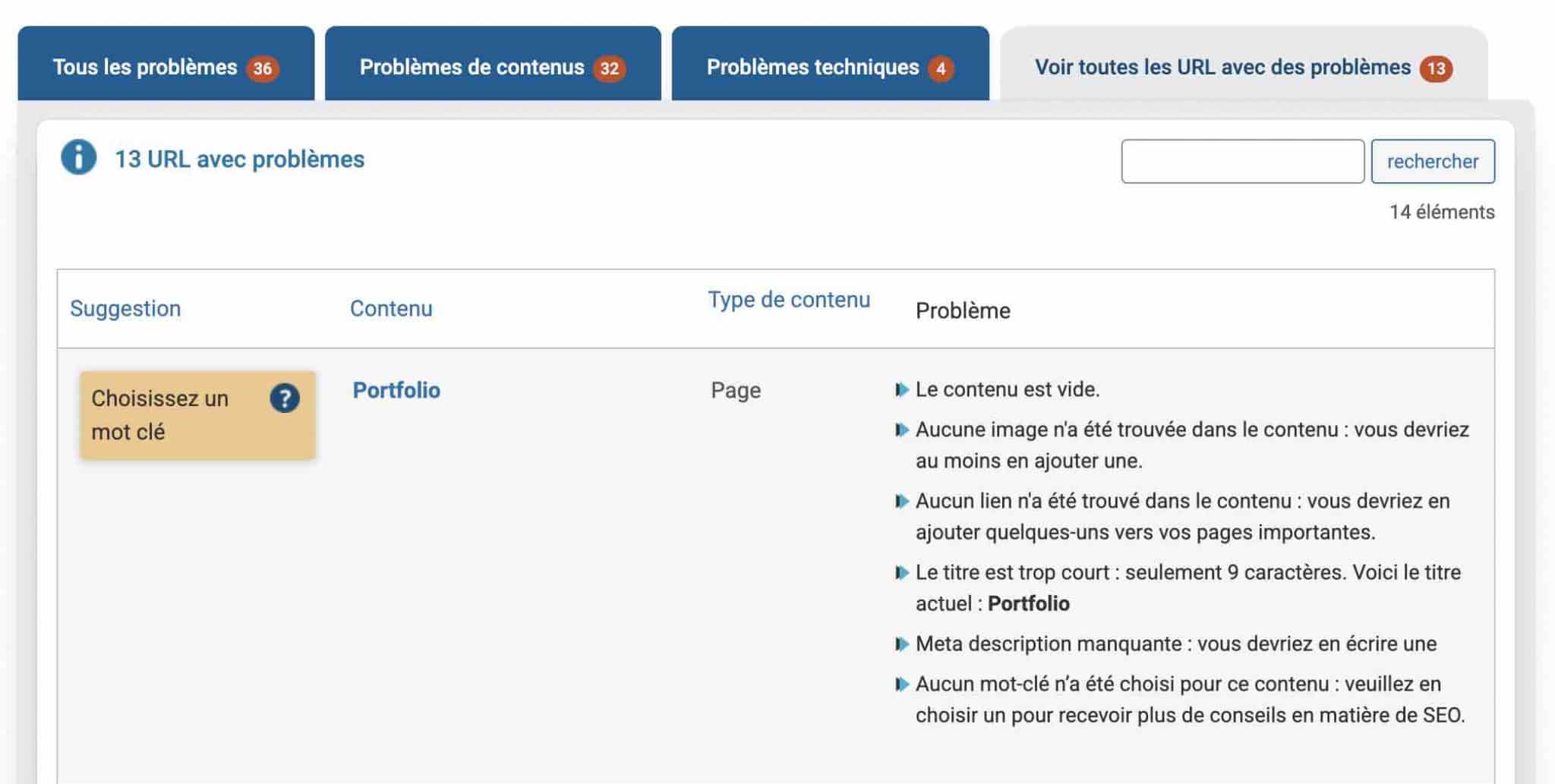 SEOKEY dispose d'un onglet pour vous montrer les URL avec un problème.