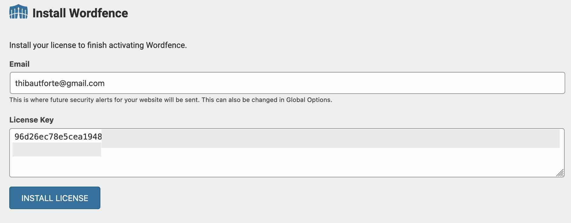 Activation de la licence Wordfence Security.