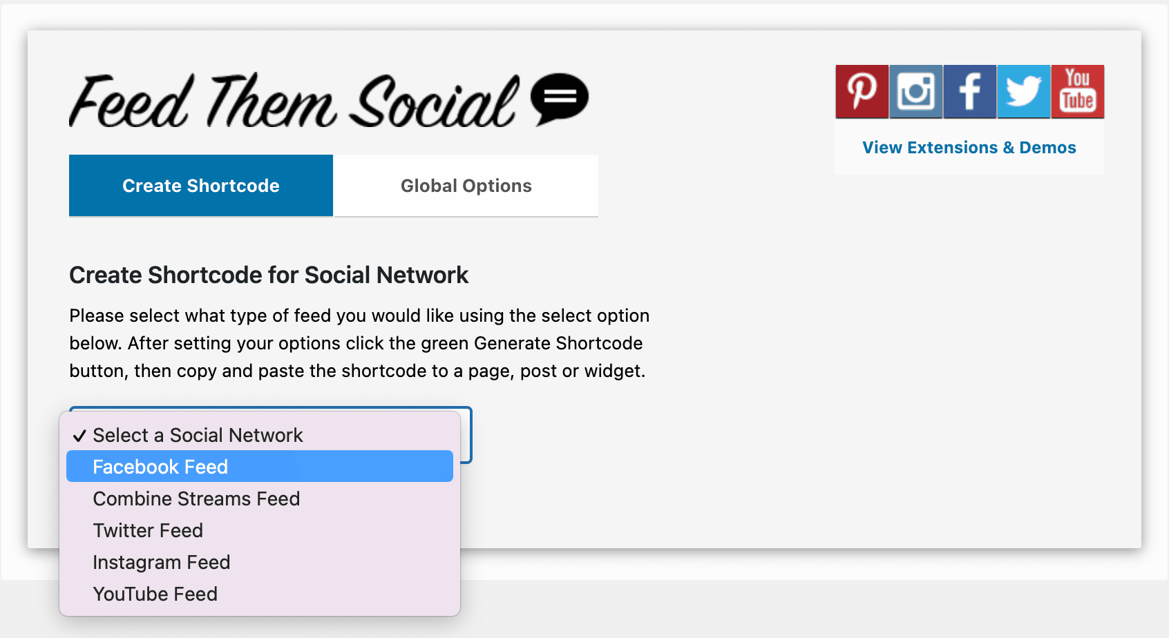 Generating a shortcode with Feed Them Social to display a Facebook news feed on WordPress.