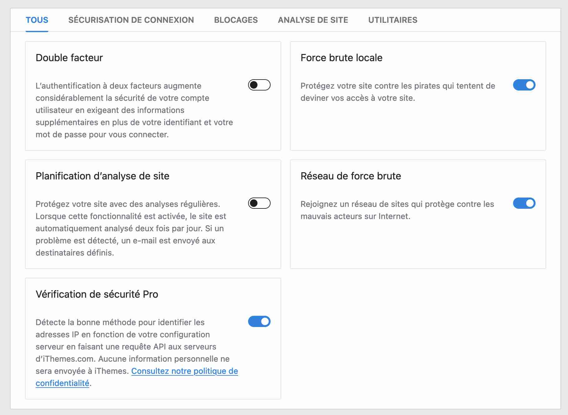 Réglages proposés par le plugin de sécurité iThemes.