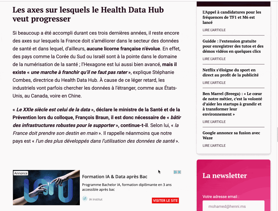 Siècle Digital propose un widget d'opt-in flottant.