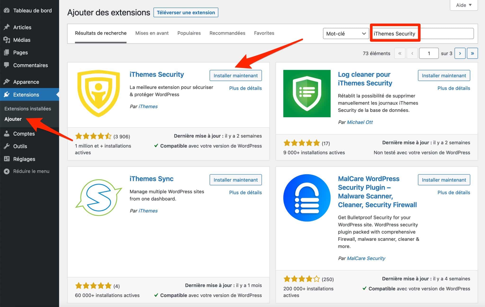 Activation d'iThemes Security sur le back-office.