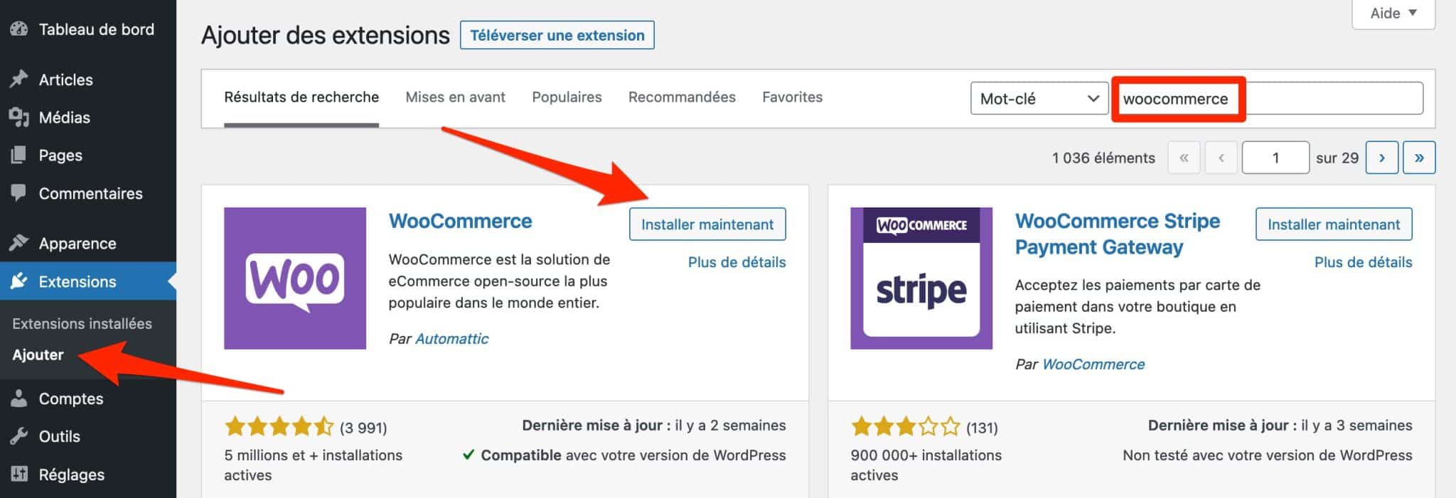 Installation de WooCommerce sur le tableau de bord WordPress.