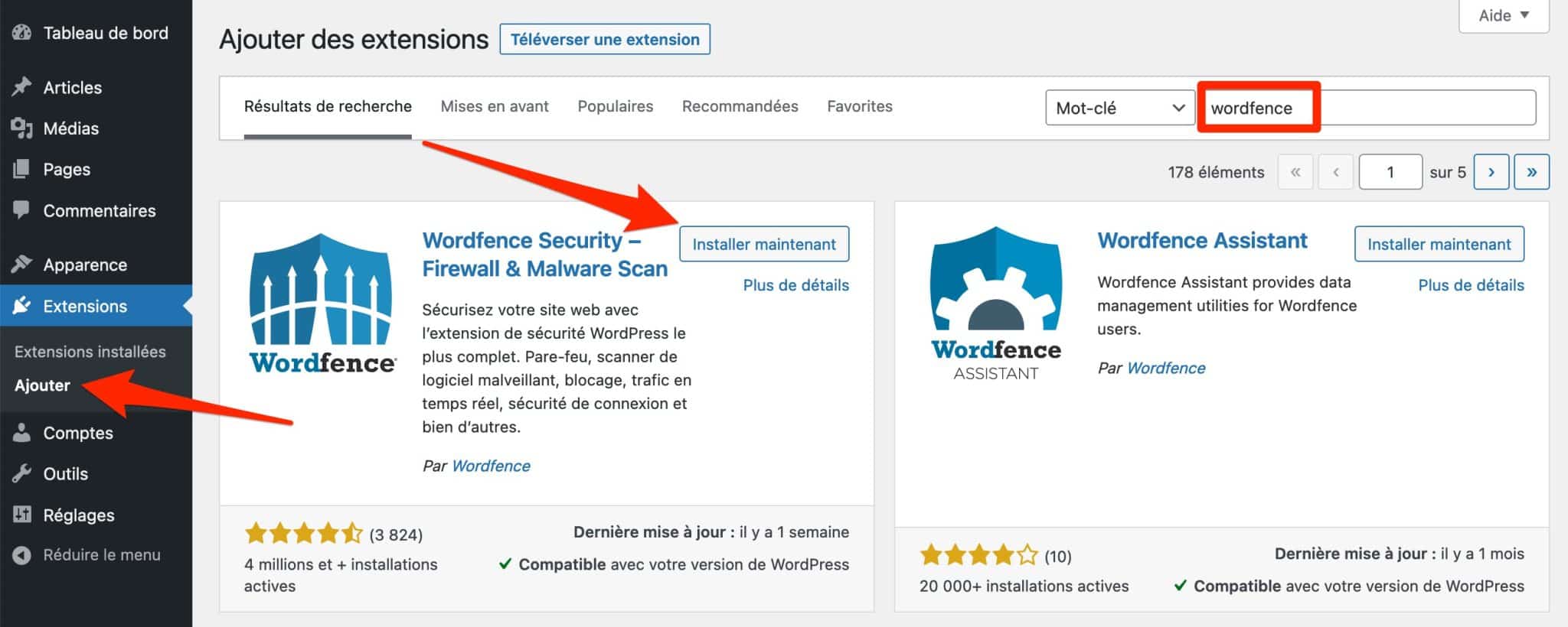 Processus d'installation de Wordfence sur WordPress.