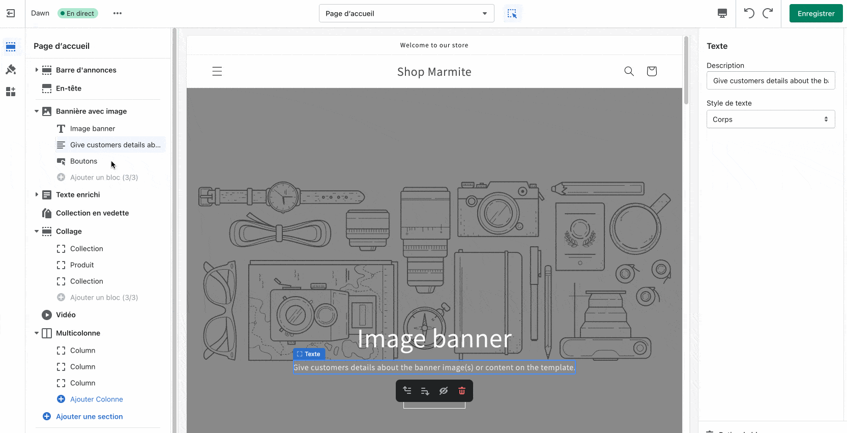L'interface d'édition de Shopify fonctionne en glisser-déposer.