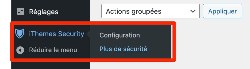Le menu de réglages d'iThemes Security après son activation.