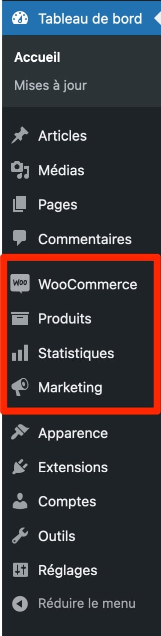 Les menus proposés par WooCommerce.
