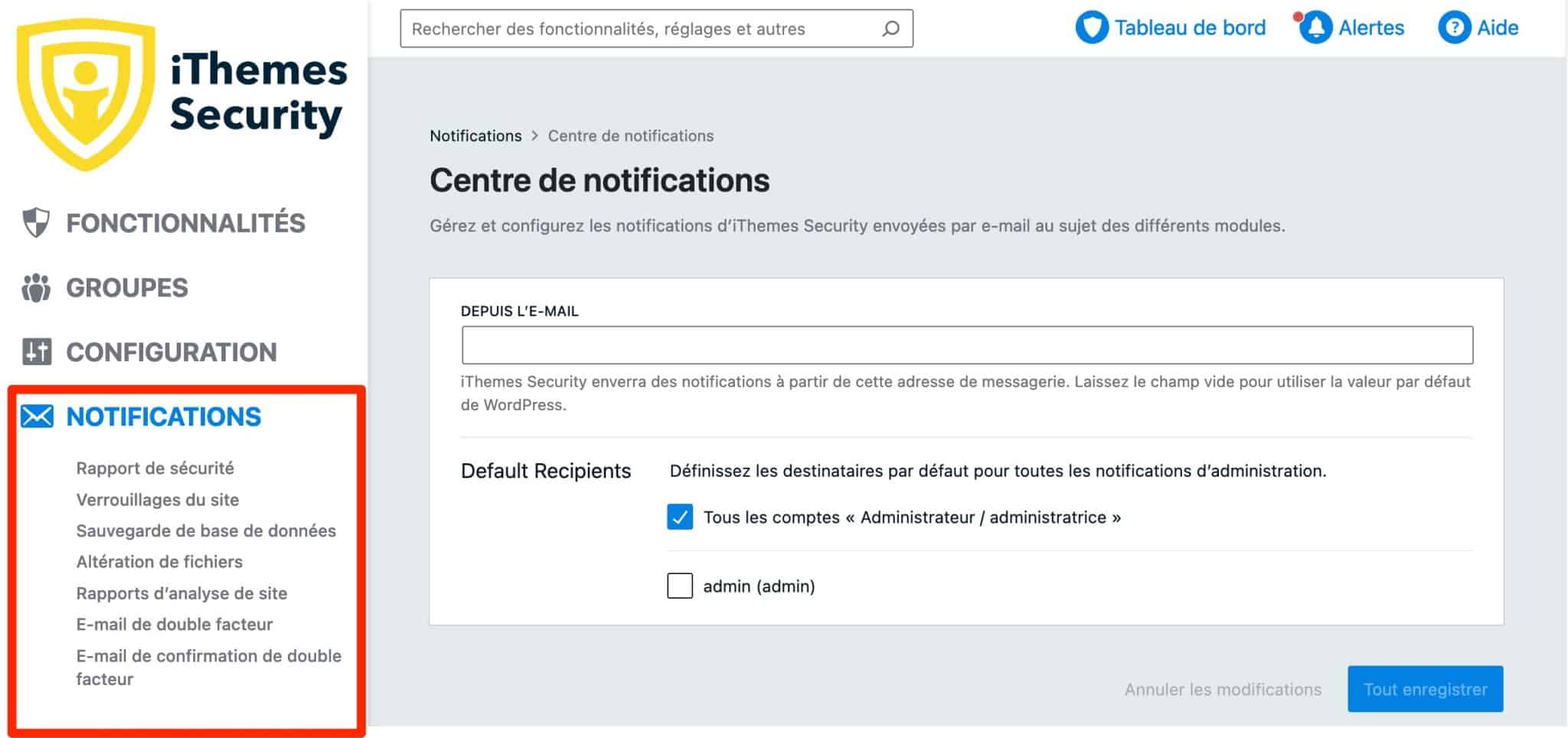 Le centre de notifications d'iThemes Security.