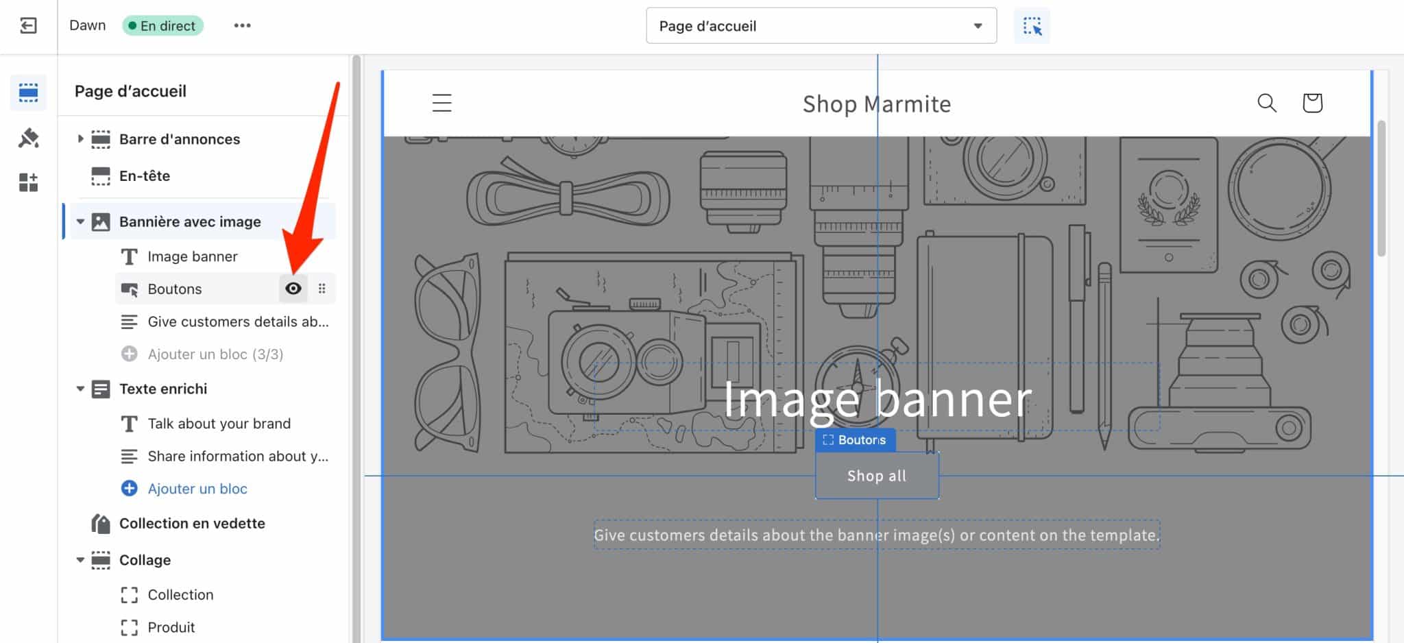 Shopify permet de masquer certaines sections de votre page.
