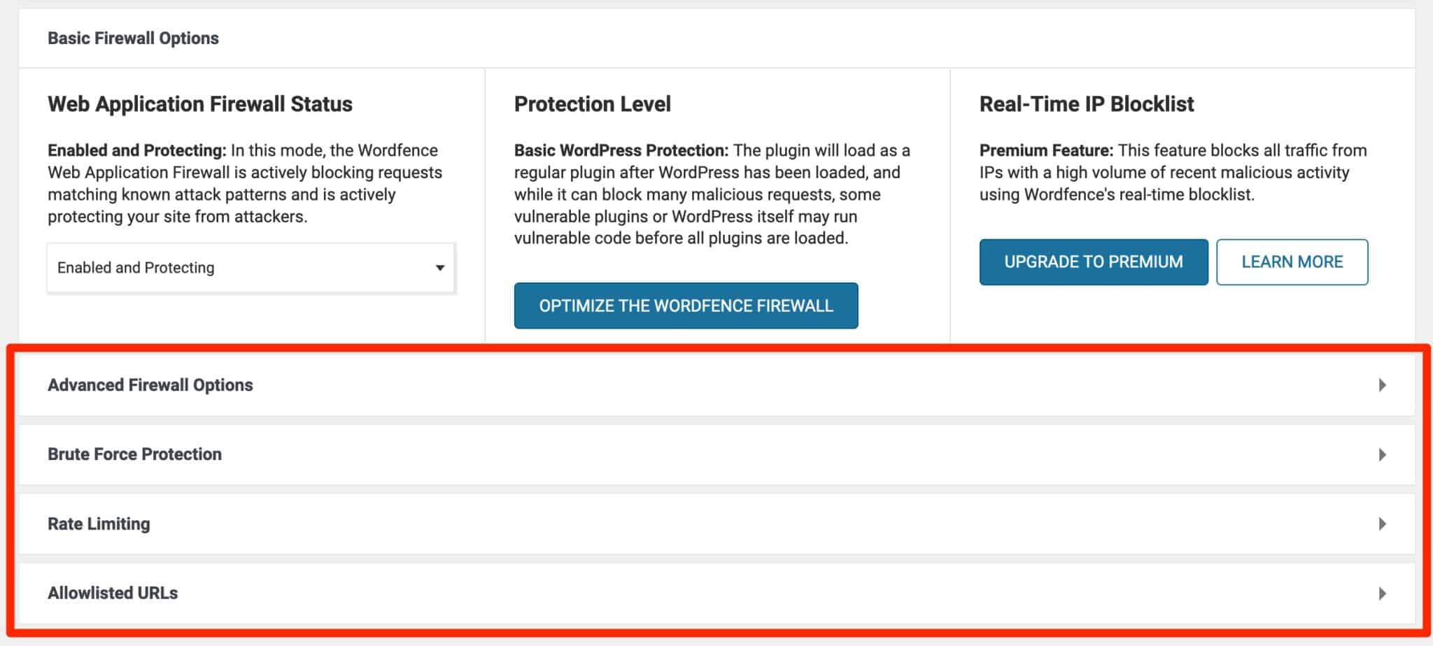 Options supplémentaires proposées par le firewall de Wordfence.