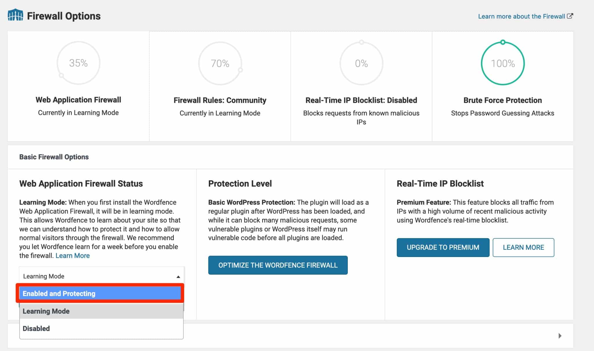 Options du pare-feu applicatif de Wordfence.