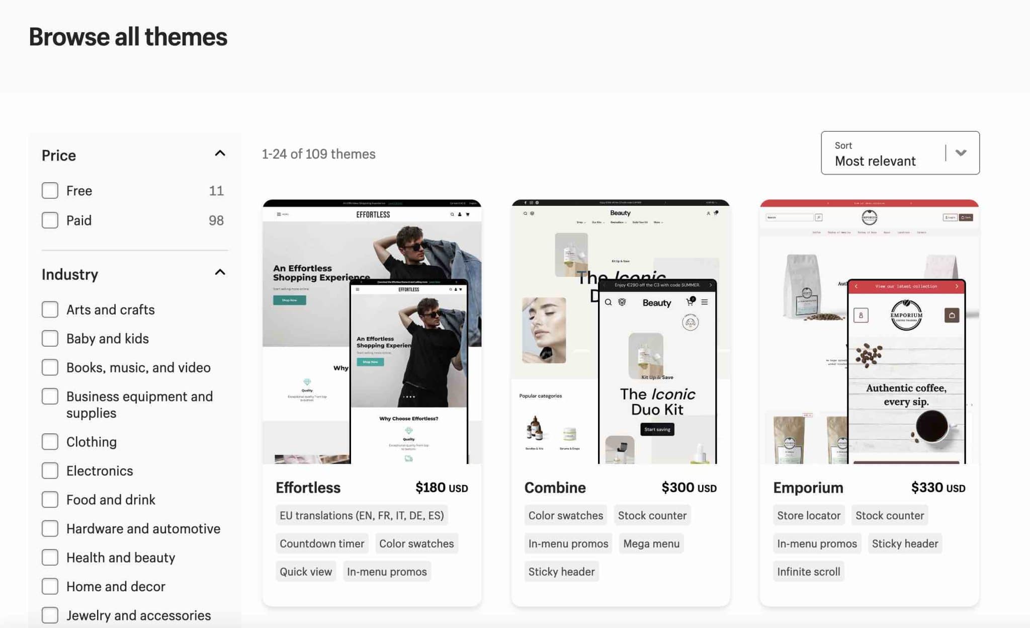 Les thèmes proposés par Shopify vs WooCommerce.