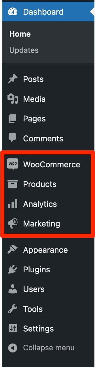 WooCommerce menus.