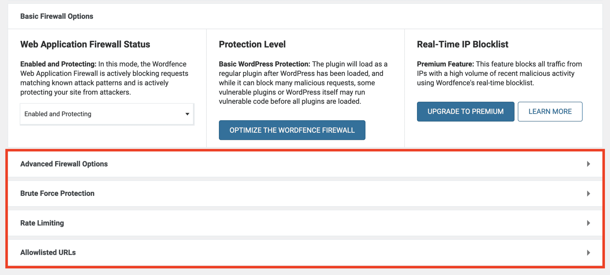 Additional options for the Wordfence firewall.