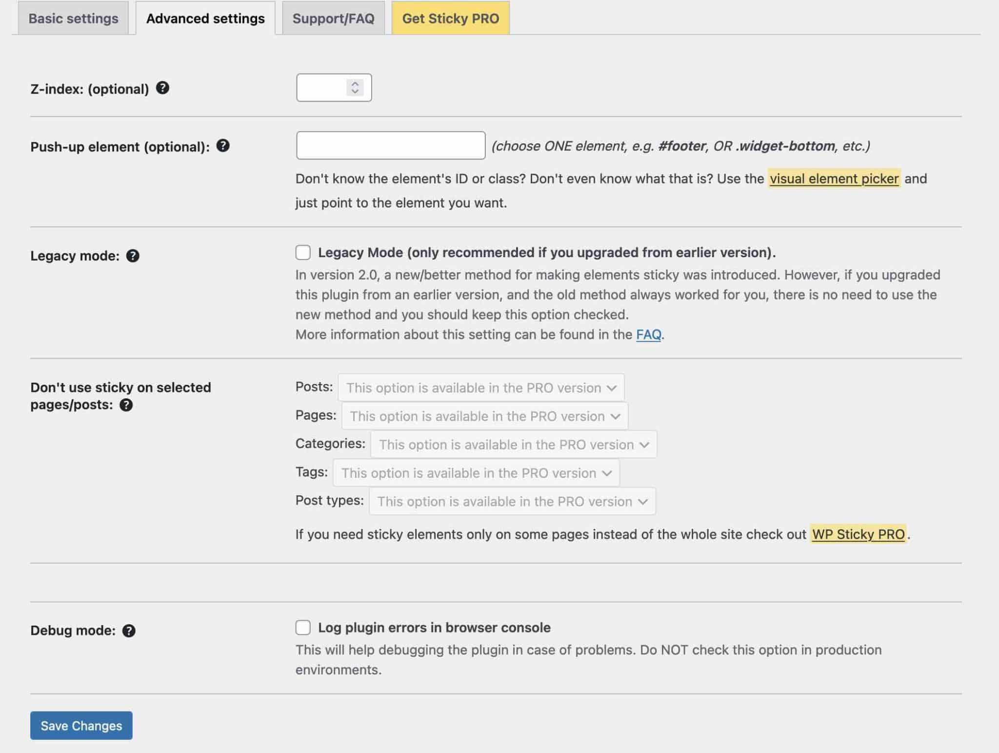 Sticky Menu's advanced settings.