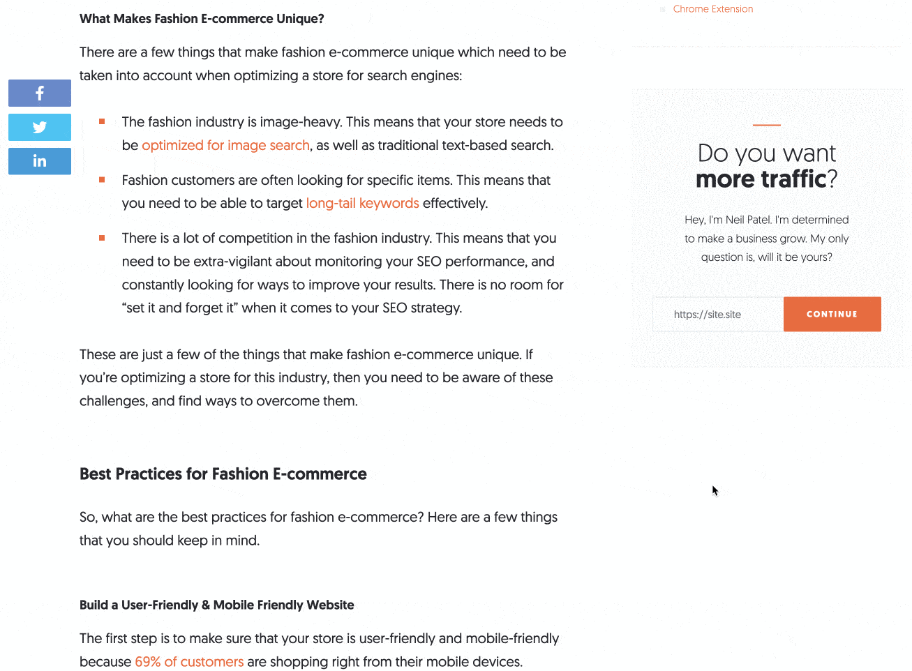 Neil Patel's blog has a subscription widget to encourage the conversion of visitors.
