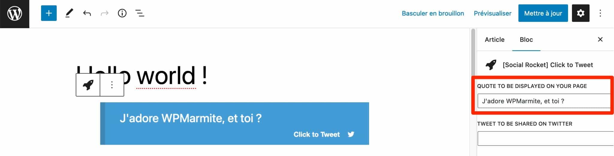 Le bloc Click to Tweet de Social Rocket.