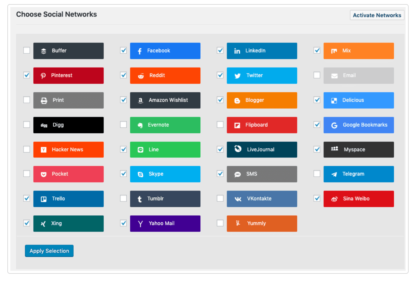 La version Pro de Social Rocket propose une trentaine de boutons de partage.