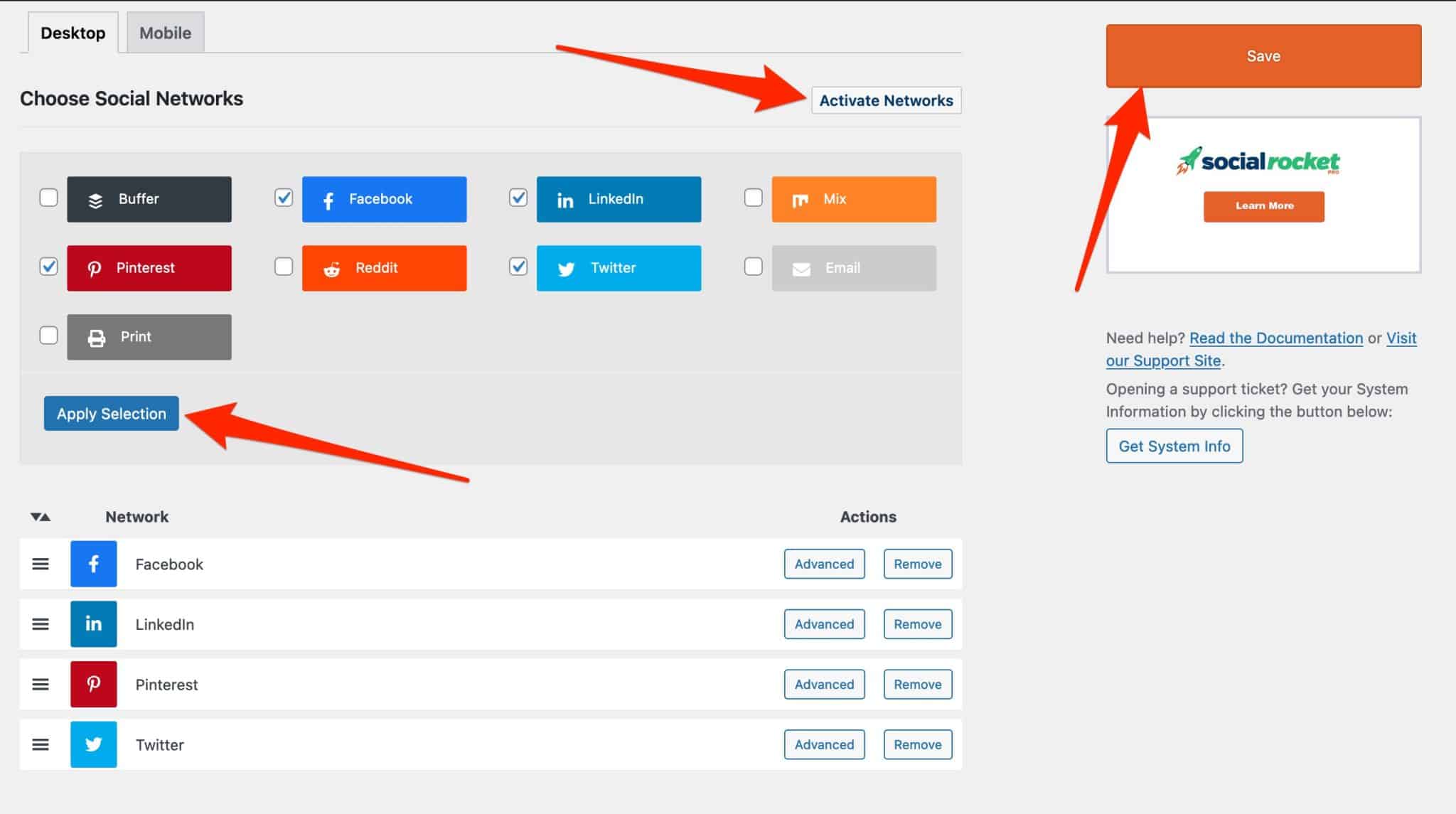 Social Rocket permet de choisir parmi plusieurs réseaux sociaux pour partager vos contenus.