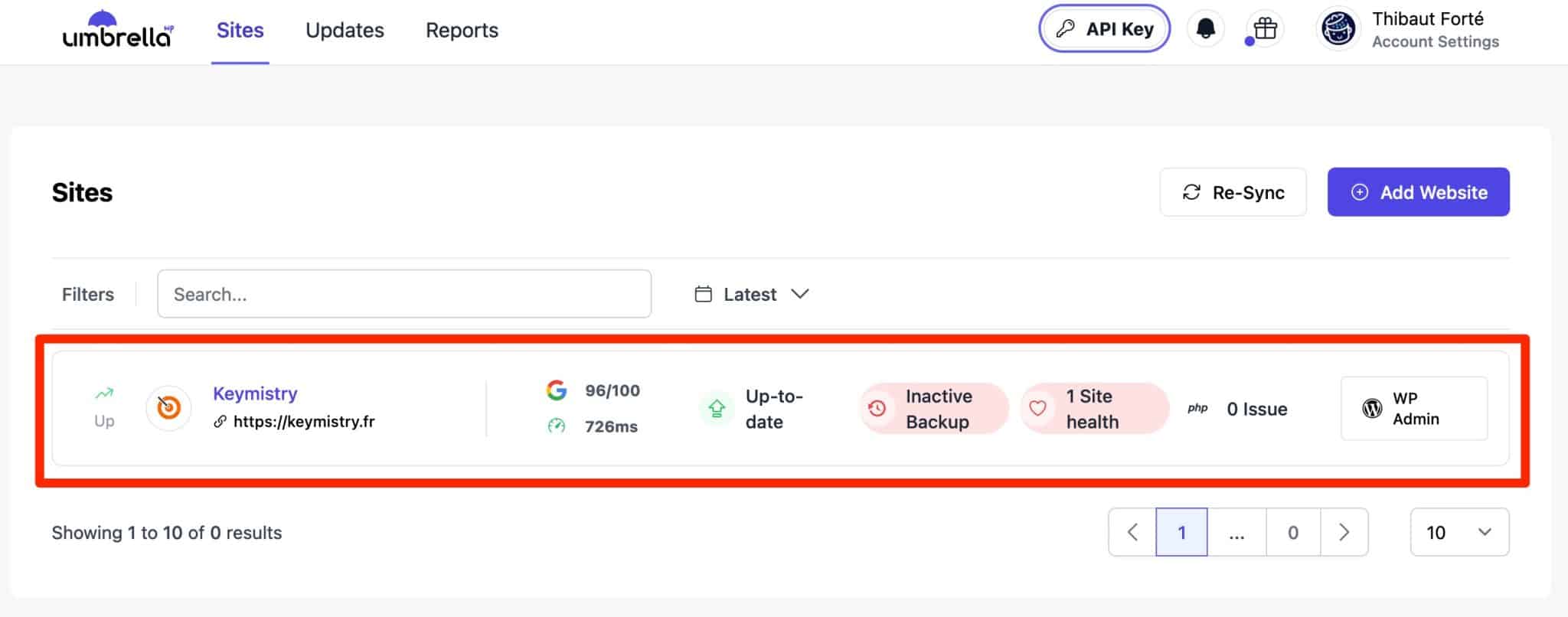 Le tableau de bord de WP Umbrella après l'ajout d'un site.