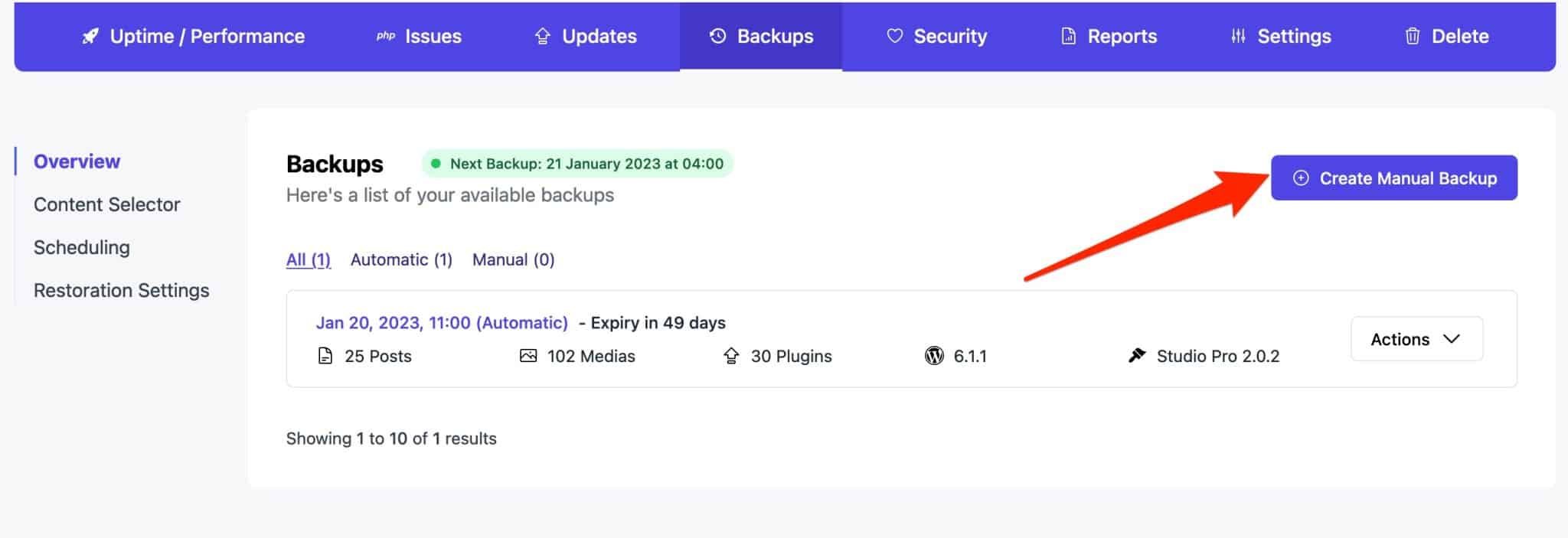 Création d'une sauvegarde manuelle sur WP Umbrella.