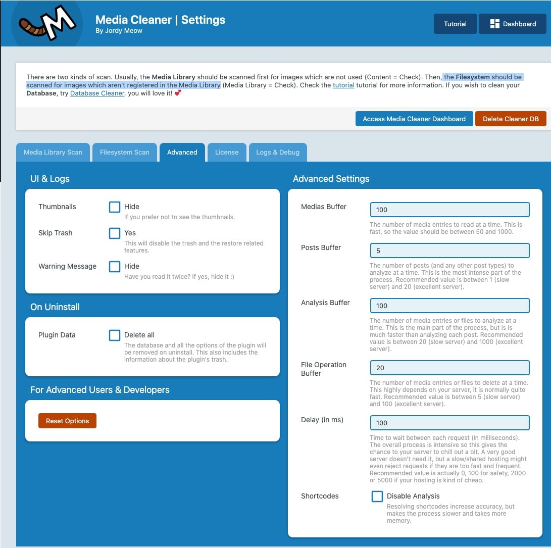 Les réglages avancés du plugin Media Cleaner.