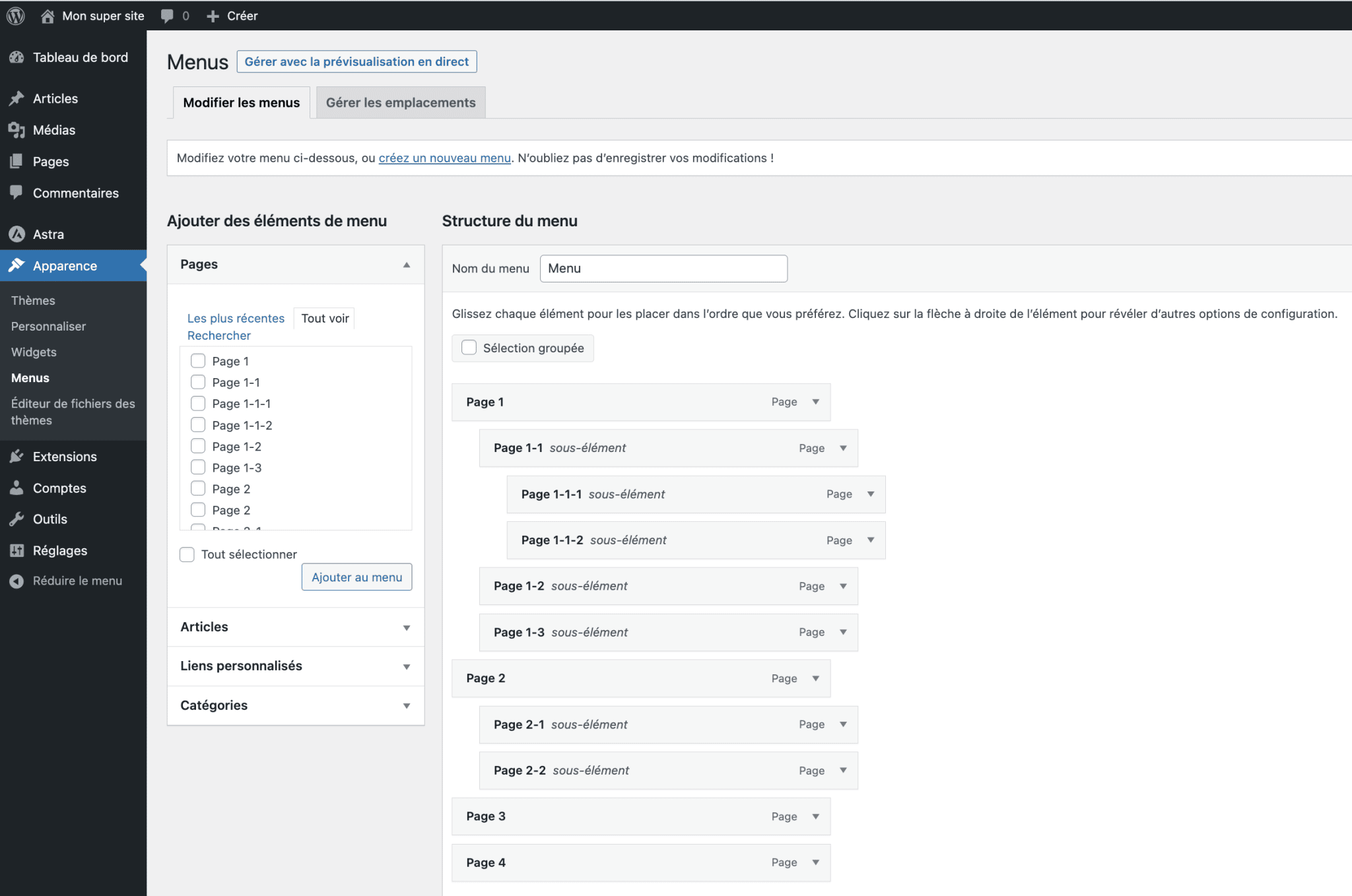 Sur WordPress, vous pouvez organiser votre menu déroulant grâce au glisser-déposer.