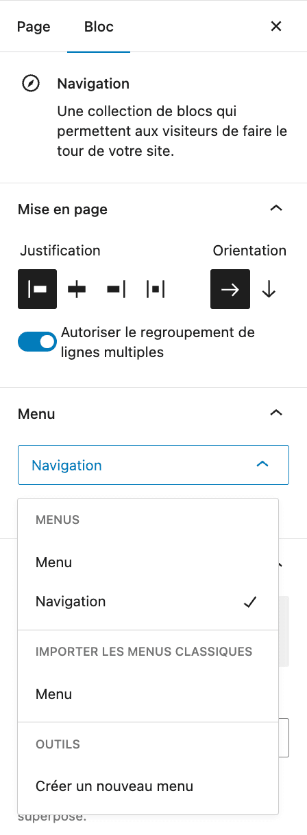 Réglages du bloc WordPress Navigation.