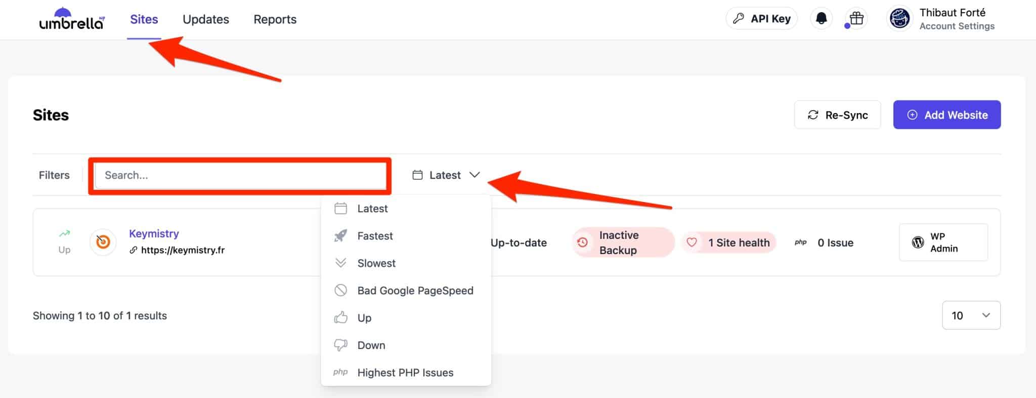 WP Umbrella dispose d'options pour trier vos sites WordPress.