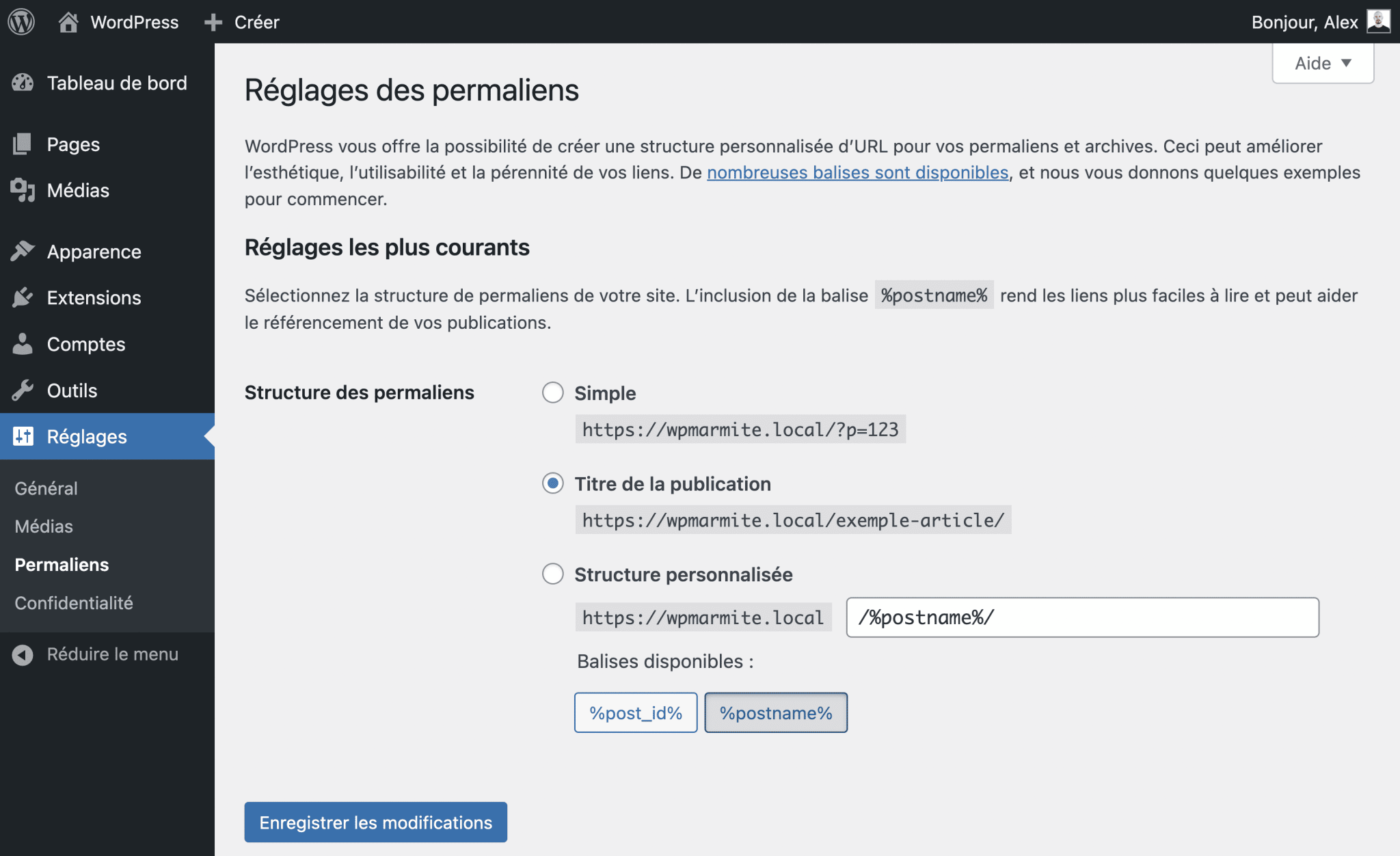 Proposition de mise à jour des réglages des permaliens.