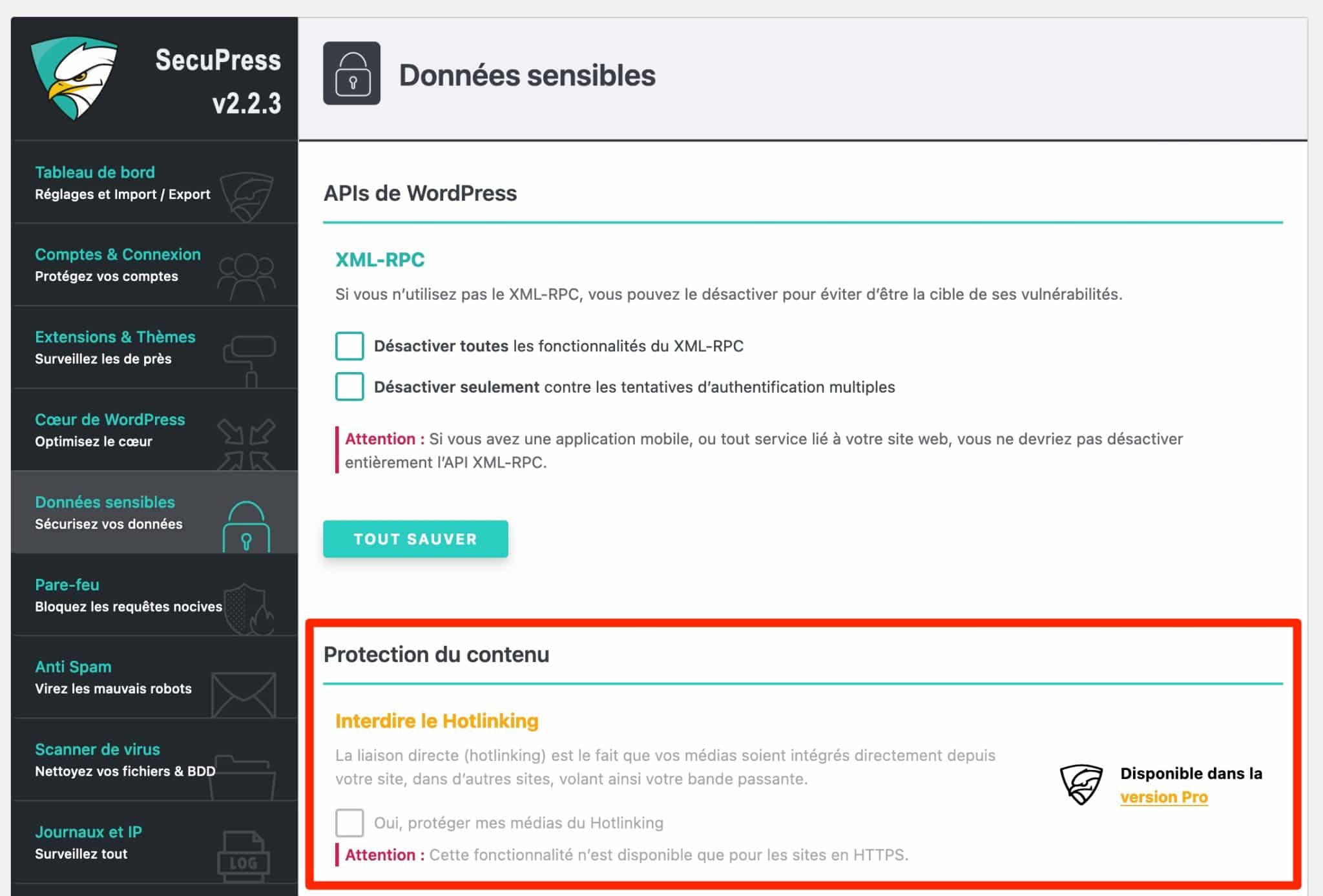 Le tableau de bord de SecuPress embarque à la fois des options payantes et gratuites.