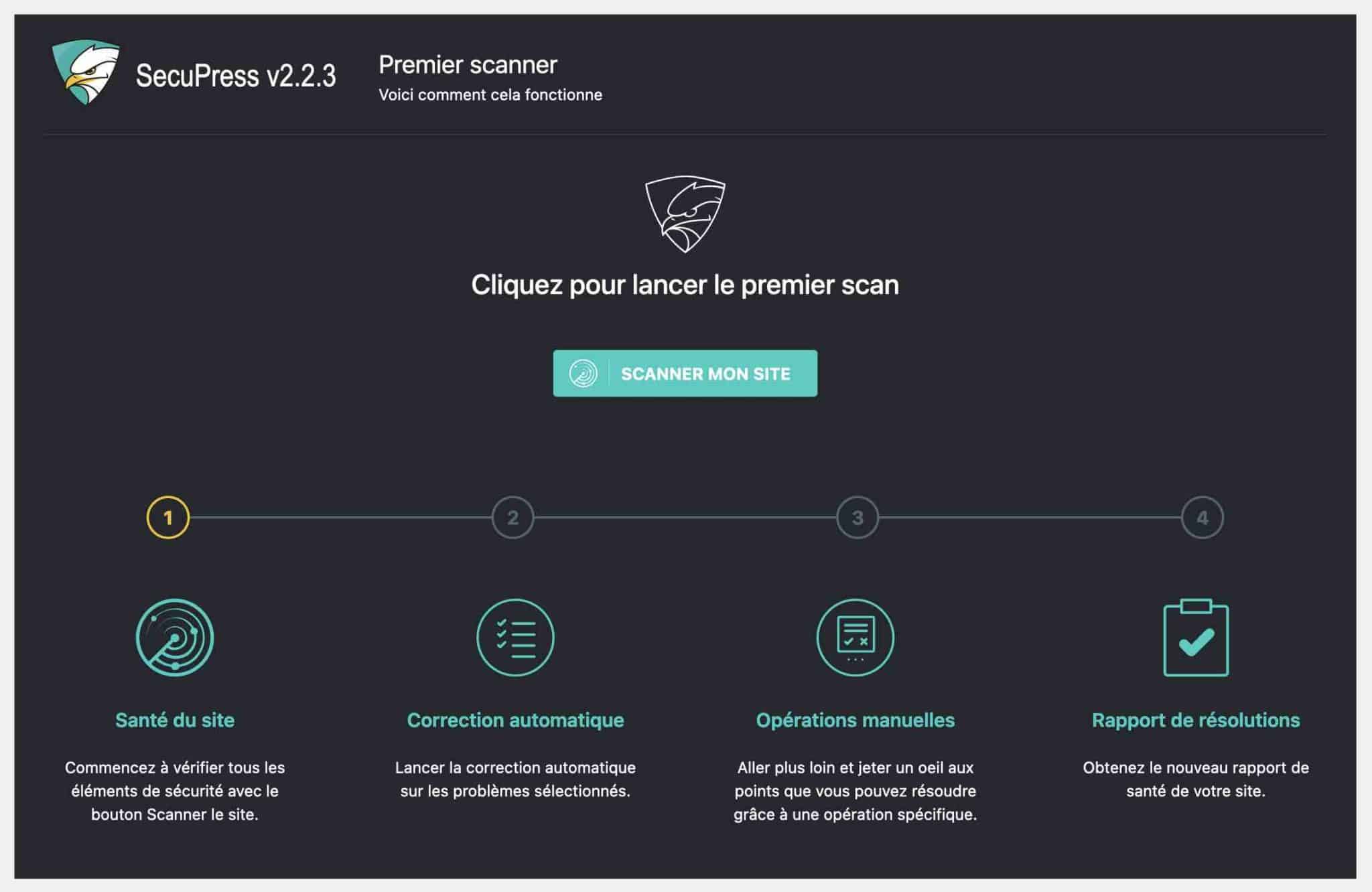 Interface du scanner du plugin de sécurité WordPress.