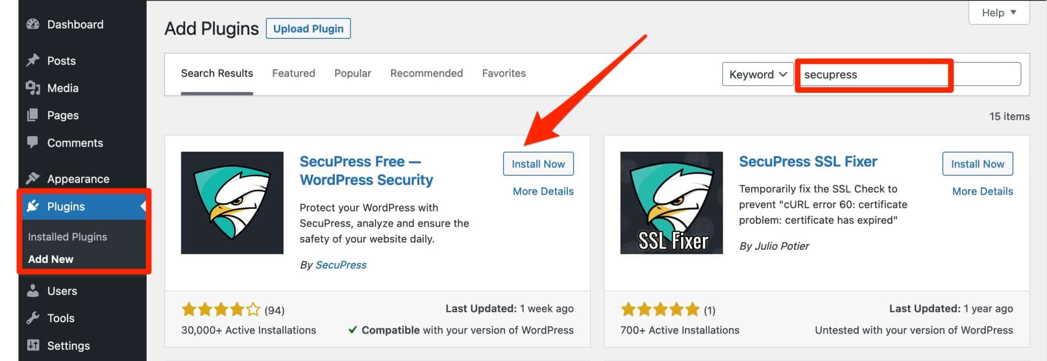 Installing SecuPress from the WordPress dashboard.