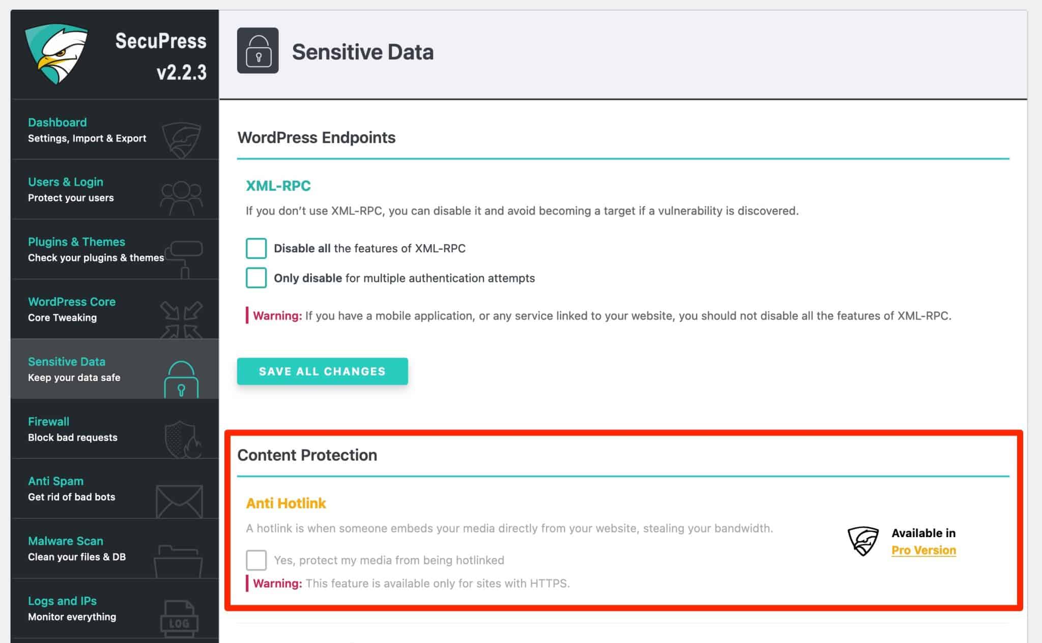 The SecuPress dashboard shows both free and pro options.