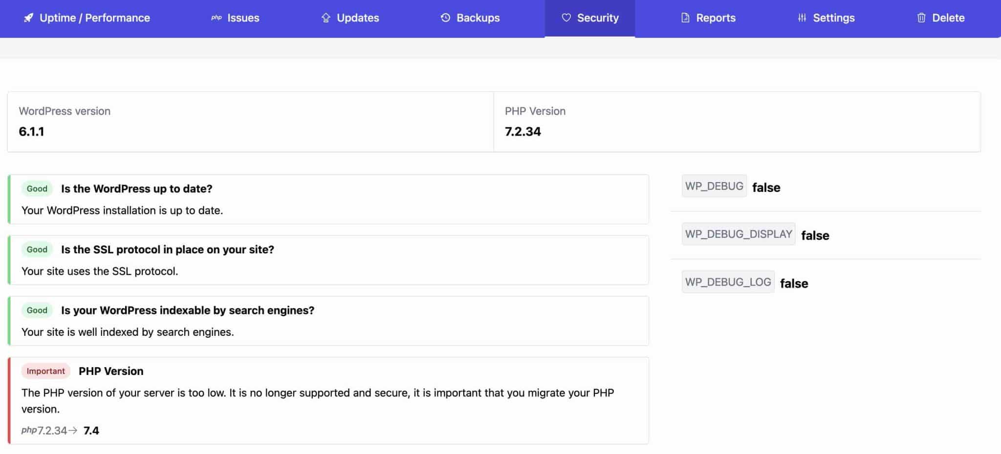 L'onglet Sécurité de WP Umbrella.