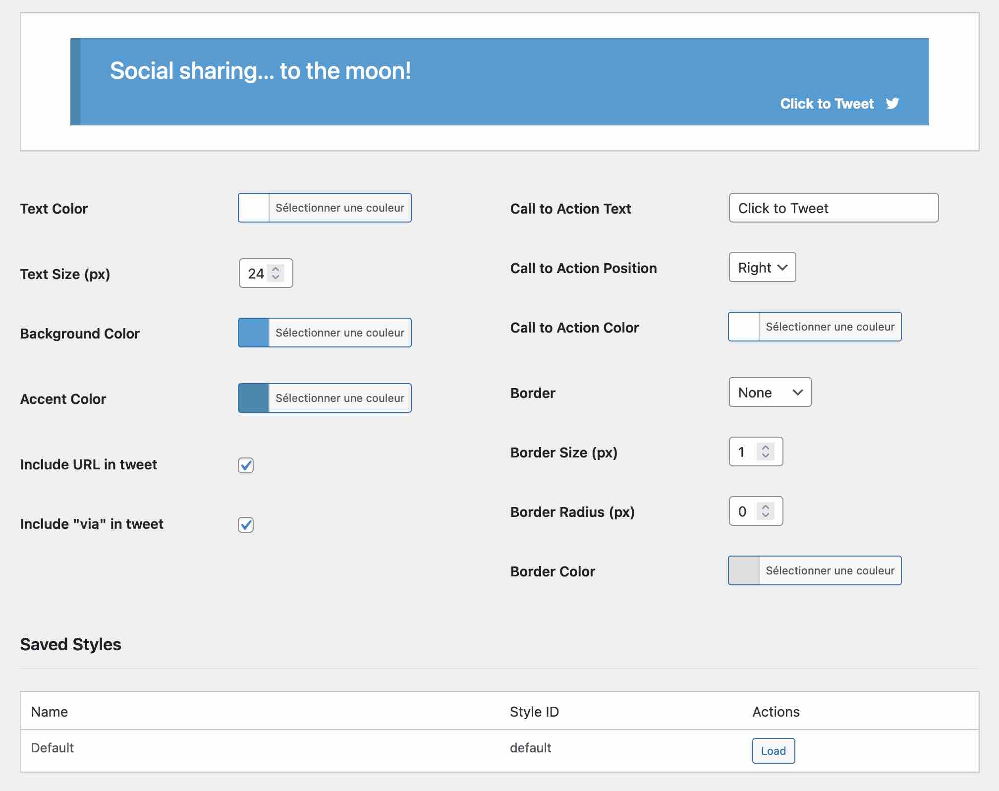 Les options du menu Click to Tweet de Social Rocket.