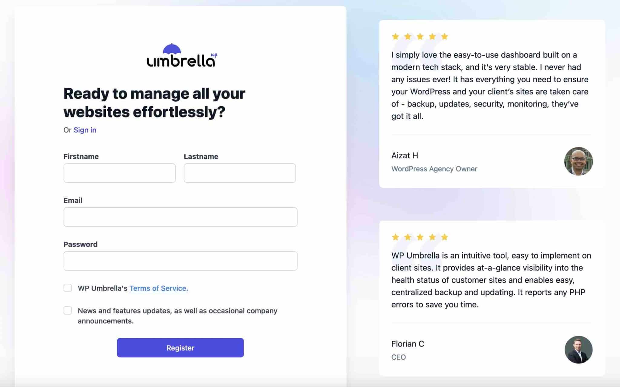 Login page to WP Umbrella and testimonies from two happy customers.