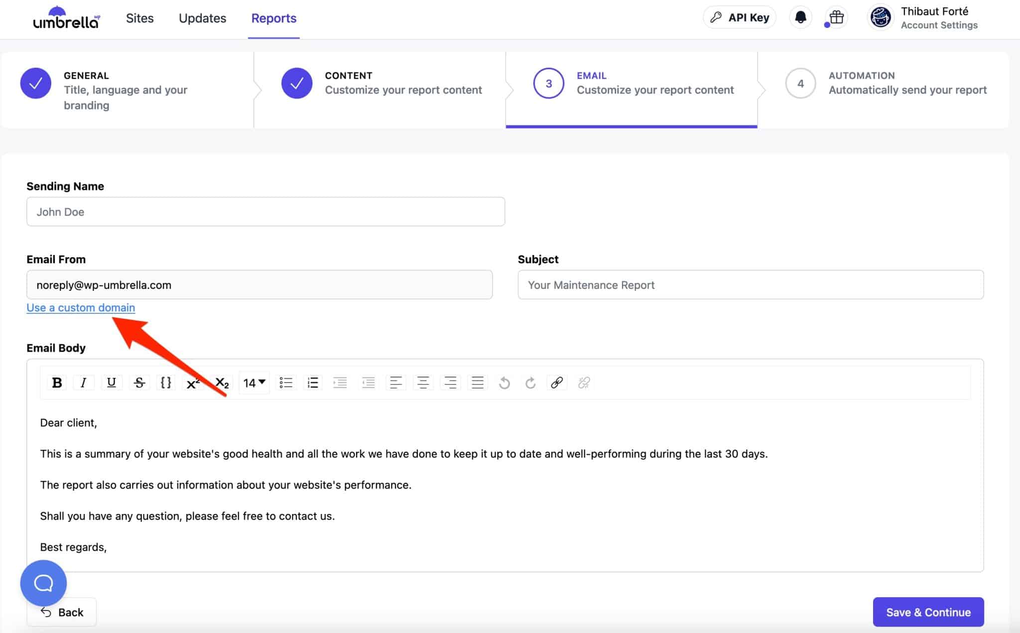 Usage d'un nom de domaine personnalisé pour l'envoi de vos rapports WP Umbrella.