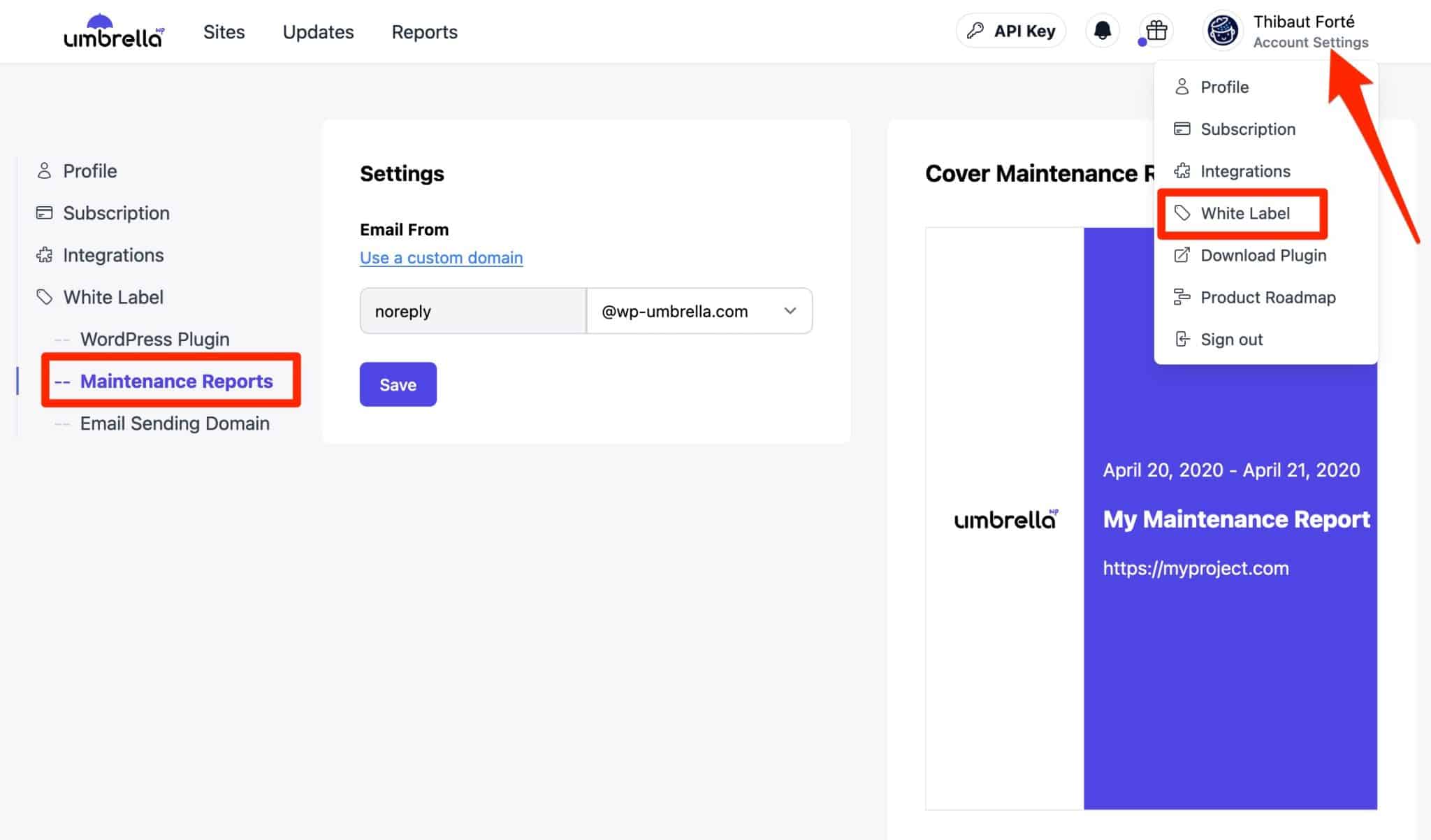 L'option Marque blanche est aussi accessible depuis votre profil.