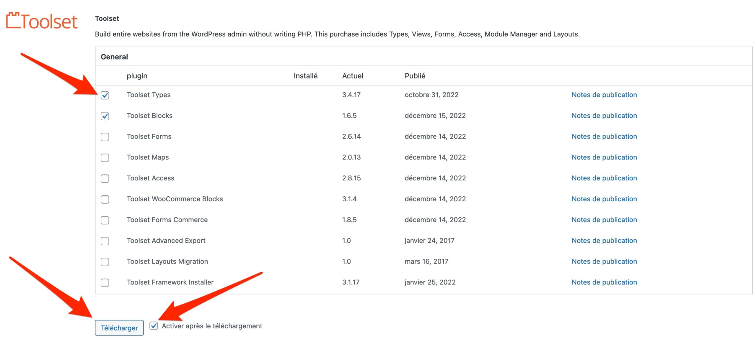 Les composants de Toolset peuvent être activés depuis le tableau de bord de WordPress.