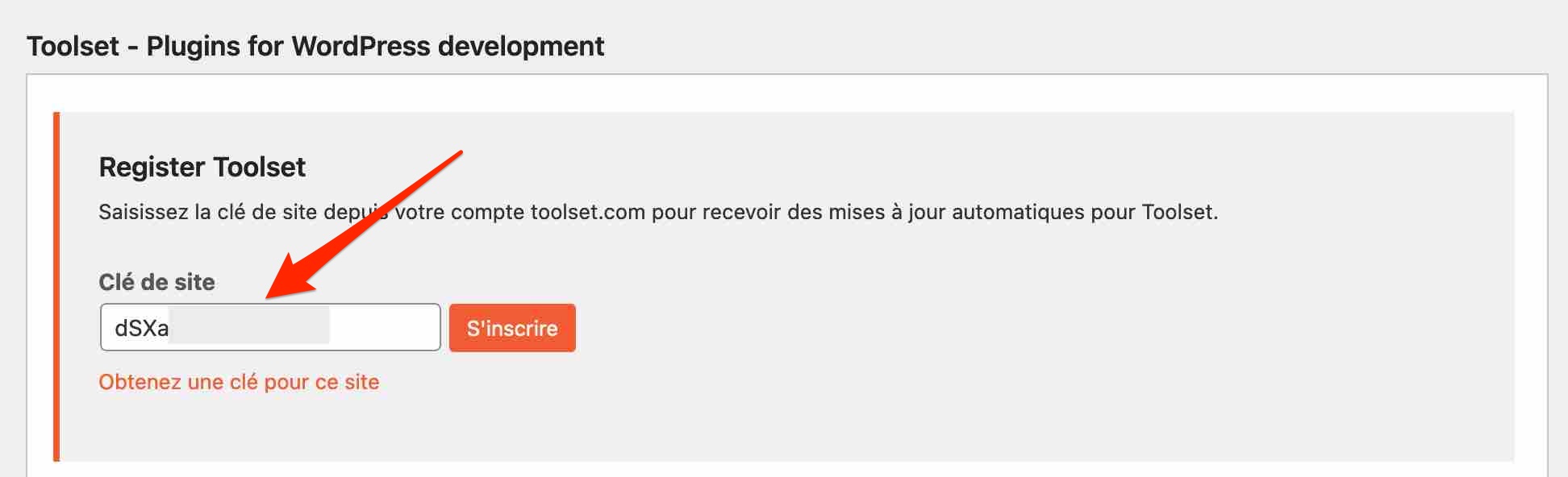 Ajout d'une clé de site Toolset.
